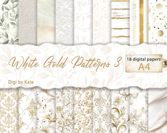 May include: Set of 18 digital papers in white and gold featuring various patterns, including floral, geometric, and abstract designs.  The papers are labeled "White Gold Patterns 3" and "18 digital papers A4".