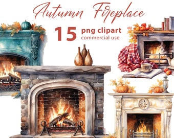Autumn Fireplace 15 PNG Clipart Set, Fall Watercolor Fireplace, Fall PNG Fireplace Illustrations, Junk Journals, Transparent Background