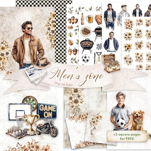 May include: Digital scrapbook paper set with a "Men's Zone" theme. The set includes illustrations of men, sports equipment, food, and floral elements. The colour palette features browns, tans, and whites, with accents of black and gold.