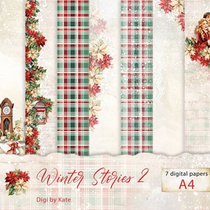 Historias de invierno 2, 7 páginas A4 con gráficos invernales clásicos, papel para álbum de recortes con fondo invernal, papel digital para diario