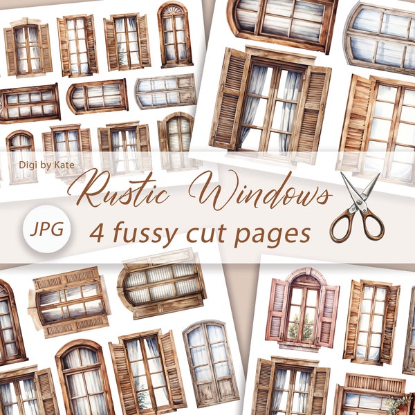 Rustic Window Fussy Cut 4 A4 JPG Printable, Junk Journal Ephemera Digital, Rustic Window Digital Elements, Old Rustic Windows Print and Cut