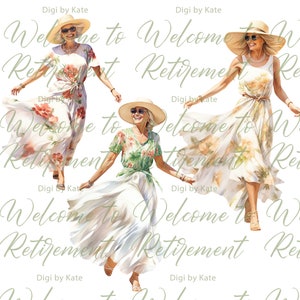 May include: Three women in floral dresses and hats are jumping in the air. The background is white with the text "Welcome to Retirement" repeated multiple times.