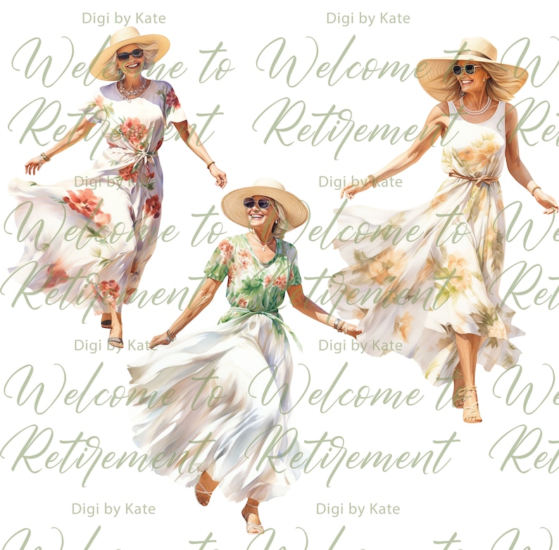May include: Three women in floral dresses and hats are jumping in the air. The background is white with the text "Welcome to Retirement" repeated multiple times.