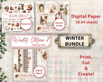 Winter Stories 2 Big Bundle with Red and Green Winter Graphics, Winter Background Scrapbook Paper, Journal Digital Paper