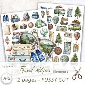 Elementos de viagem Fussy Cut em 2 páginas A4 JPG com imagens para imprimir e cortar
