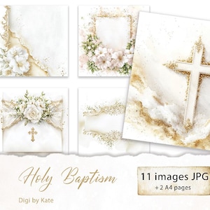 Könnte beinhalten: Eine Sammlung digitaler Kunstbilder mit religiösem Thema. Die Bilder zeigen weiße Blumen, goldene Akzente und ein Kreuz. Die Worte "Holy Baptism" sind in eleganter Schrift geschrieben. Die Bilder sind auf weißem Hintergrund.