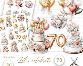 Let's celebrate 70 Fussy Cut on 2 A4 JPG Pages for Journals and Scrapbooks, Print and Cut Balloons and Cakes