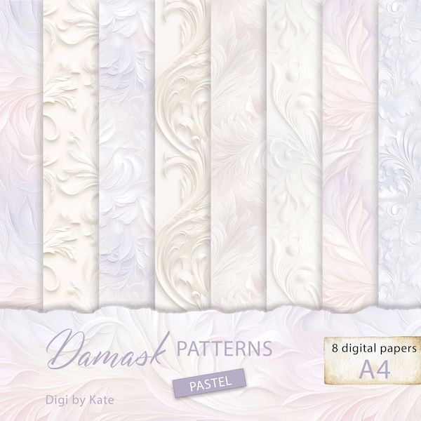 Damask Patterns in Pastel Colors on 8 A4 JPG Pages, Textured Backgrounds