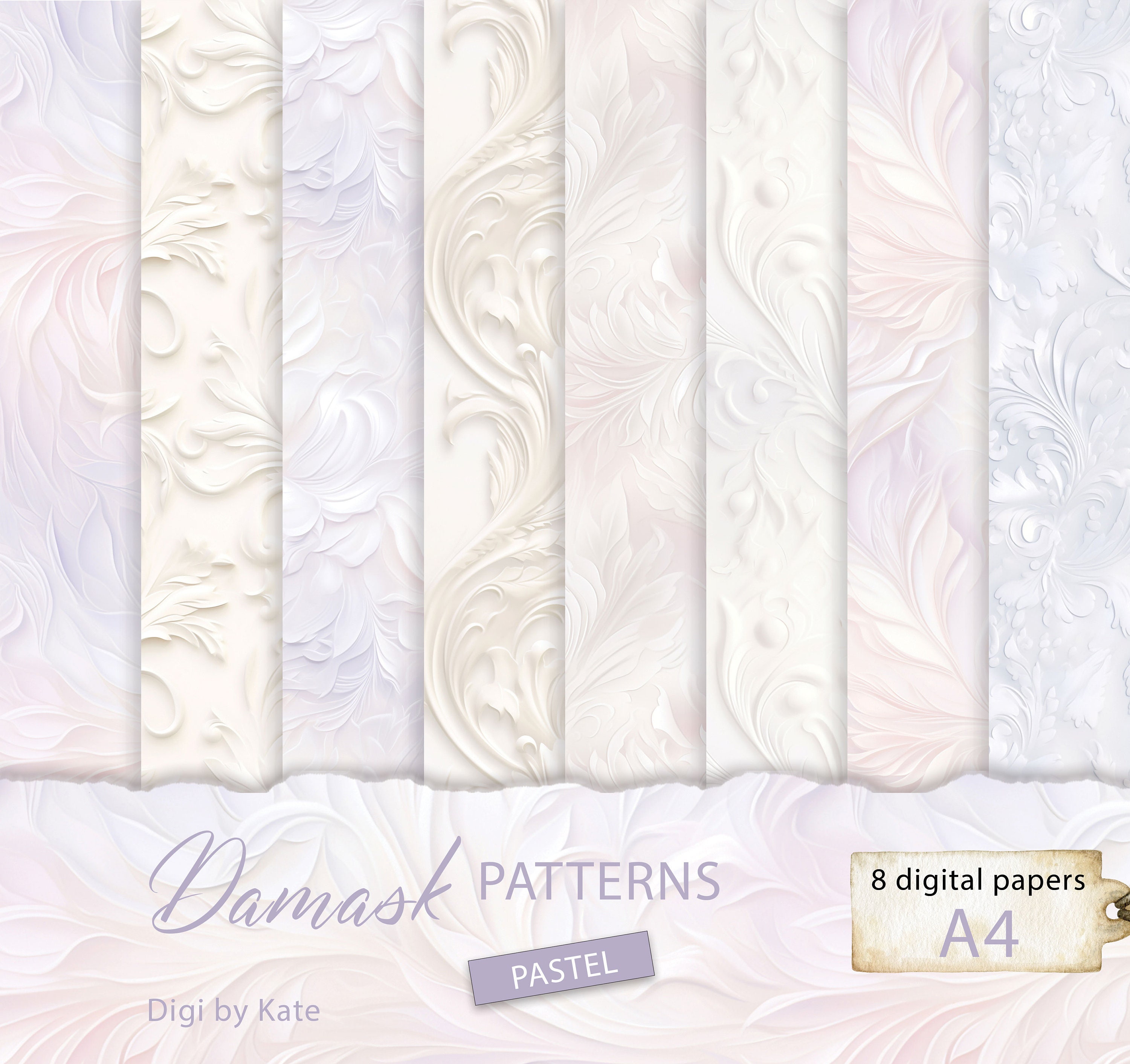 Damask Patterns in Pastel Colors on 8 A4 JPG Pages, Textured ...