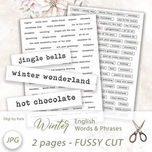 Palabras y frases de invierno en inglés en páginas JPG A4 para imprimir y recortar, perfectas para el diario de vacaciones