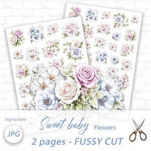 Fussy Cut Pastel Blue and Pink Flowers on 2 A4 JPG Pages for Journals and Scrapbooks, Junk Journal Print and Cut Elements