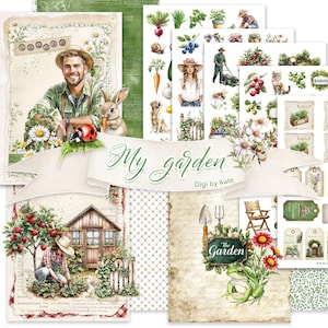 Może przedstawiać: Kolekcja cyfrowych papierów i elementów do scrapbookingu o tematyce ogrodniczej. Projekt zawiera ilustracje ludzi, zwierząt, roślin i narzędzi ogrodniczych. Słowa "My garden" są napisane na banerze, a także widoczne są słowa "Digi by Kate".