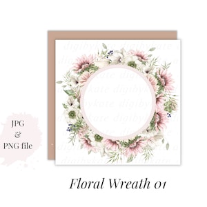 Könnte beinhalten: Ein Aquarell-Blumenkranz mit rosa und weißen Blüten, grünen Blättern und einem weißen Kreis in der Mitte. Der Kranz befindet sich auf einem weißen Hintergrund mit einem hellbraunen Rand.