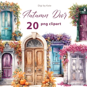 Ensemble de 20 cliparts PNG porte automne, aquarelle de portes automne, illustrations de portes PNG automne, journaux indésirables, fond transparent
