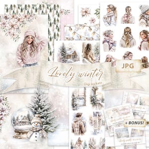 Lovely Winter es un paquete de papel digital para Junk Journal y Scrapbooking, juego de diario navideño