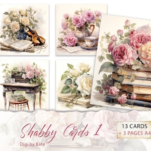 Shabby Cards #1 13 tarjetas JPG con gráficos de estilo Shabby Chic, suministros románticos para diarios basura