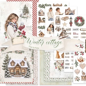 Könnte beinhalten: Ein digitales Scrapbooking-Set mit dem Titel Winter cottage von Digi by Kate mit winterlichen Illustrationen, darunter ein verschneites Häuschen, Tannenbäume, eine Person im Strickpullover, ein Golden Retriever, Weihnachtskränze und Textetiketten.