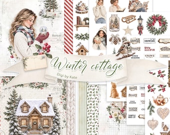 Winter Cottage Digital Paper Bundle for Journaling and Scrapbooking, Christmas Journal Set