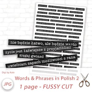 Puede incluir: Una hoja de papel con palabras y frases polacas impresas en negro. Las frases están en una variedad de fuentes y tamaños, y están diseñadas para ser recortadas. Las palabras incluyen frases como "alcanza las estrellas" y "no será fácil, pero valdrá la pena".