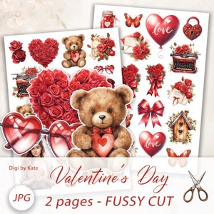 Valentijnsdag kieskeurig gesneden op 2 A4 JPG-pagina's voor tijdschriften en plakboeken, print en snij Love Elements + BONUS-pagina