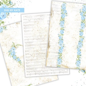 May include: Three digital paper designs featuring a vintage music sheet background with gold glitter and blue floral accents. The floral designs include a wreath, a single vertical line of flowers, and two vertical lines of flowers.