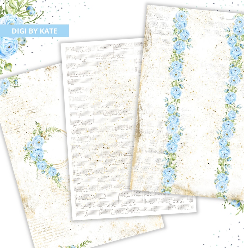 May include: Three digital paper designs featuring a vintage music sheet background with gold glitter and blue floral accents. The floral designs include a wreath, a single vertical line of flowers, and two vertical lines of flowers.