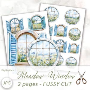 Meadow Window Fussy Cut em 2 páginas A4 JPG com ilustrações de janela azul para imprimir e cortar