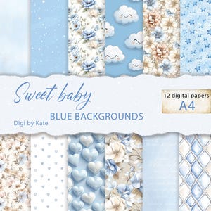 Baby Blue Backgrounds on 12 A4 JPG Pages, Pastel Blue and Beige Backgrounds for Scrapbook and Junk Journal
