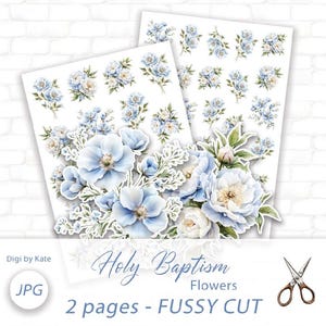 Blå blommor, fussy cut element på 2 A4-sidor för journaling och scrapbooking