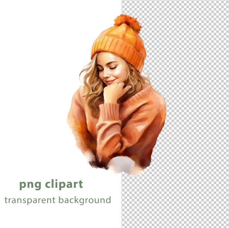 Cozy Autumn Women 13 PNG Clipart Set, Amber Watercolor Autumn Girl ...