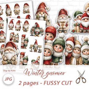 Zimowe krasnale – wycinane elementy na 2 stronach A4, obrazy do dziennika i scrapbookingu