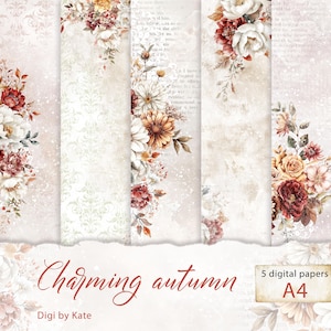 Autumn Digital Paper 5 A4 é um conjunto de papel digital nas cores vermelho, branco e marrom, perfeito para diário de lixo