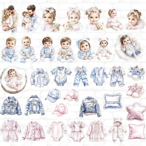 May include: Watercolor illustrations of babies and baby clothing in soft pastel colors. The image includes portraits of babies, along with denim jackets, overalls, hats, shoes, and pillows. The color palette is primarily blue and pink.