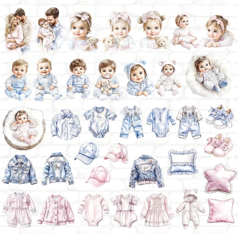 May include: Watercolor illustrations of babies and baby clothing in soft pastel colors. The image includes portraits of babies, along with denim jackets, overalls, hats, shoes, and pillows. The color palette is primarily blue and pink.