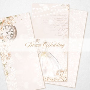 May include: A wedding invitation with a delicate floral design and a couple in a romantic pose. The text "Dream Wedding" is written in a cursive font.