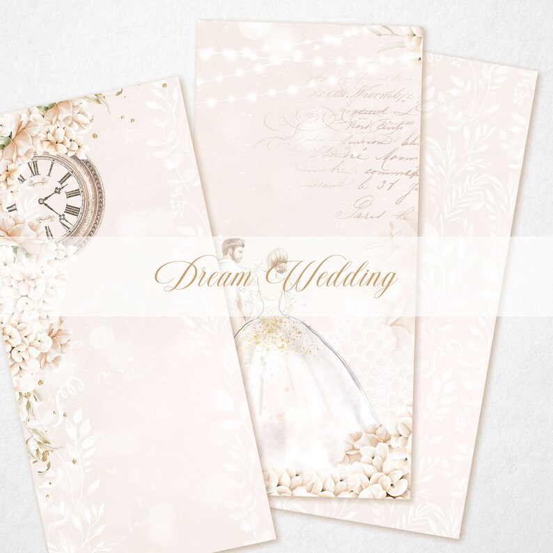 May include: A wedding invitation with a delicate floral design and a couple in a romantic pose. The text "Dream Wedding" is written in a cursive font.