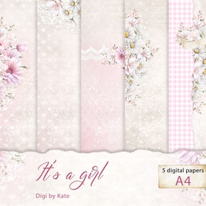 It's a Girl 5 A4 è un set di carta digitale per occasioni speciali come la nascita di una bambina, il compleanno di un'amica, un matrimonio o un battesimo