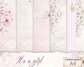 May include: Five digital papers in A4 size featuring a pink and white gingham pattern, a white lace pattern, a pink and white floral pattern, and a white floral pattern on a pink background. The text "It's a girl" is at the bottom of the image.