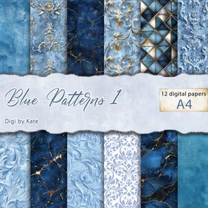 Blue Patterns - Set of 12 A4 JPG Scrapbook Pages