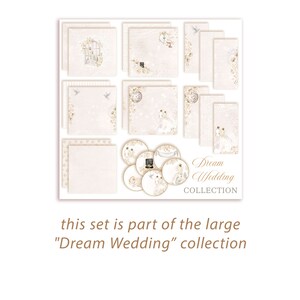 May include: A set of 12 digital papers and 6 circle elements in a soft pink and gold color scheme with a wedding theme. The papers feature a variety of patterns, including stripes, polka dots, and floral designs. The circle elements feature a bride and groom, a wedding cake, and other wedding-related imagery. The text "Dream Wedding Collection" is displayed at the bottom of the image.