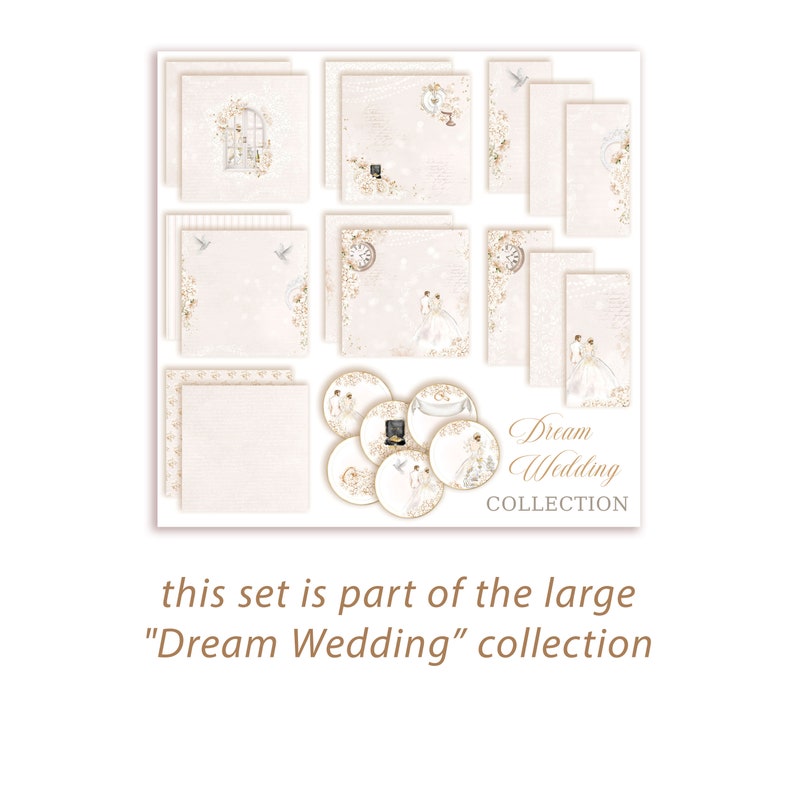 May include: A set of 12 digital papers and 6 circle elements in a soft pink and gold color scheme with a wedding theme. The papers feature a variety of patterns, including stripes, polka dots, and floral designs. The circle elements feature a bride and groom, a wedding cake, and other wedding-related imagery. The text "Dream Wedding Collection" is displayed at the bottom of the image.
