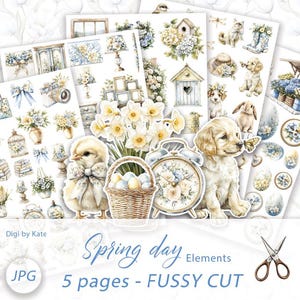 Fussy Cut Frühlingselemente auf 5 A4 JPG Seiten für Journals und Scrapbooks, Pastell Blau und Pastell Gelb Druck und Schnitt Elemente