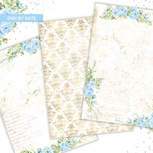 May include: Three digital paper designs featuring a white background with a gold damask pattern, a white background with a gold distressed texture and blue floral accents, and a white background with blue floral accents and a gold distressed texture. The text "DIGI BY KATE" is visible in the top left corner.