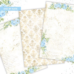 Blue and Gold Digital Paper, Polish English Words, Blue Floral Wedding Digital Paper, Wedding Words Printable, Wedding Backgrounds Papers image 2