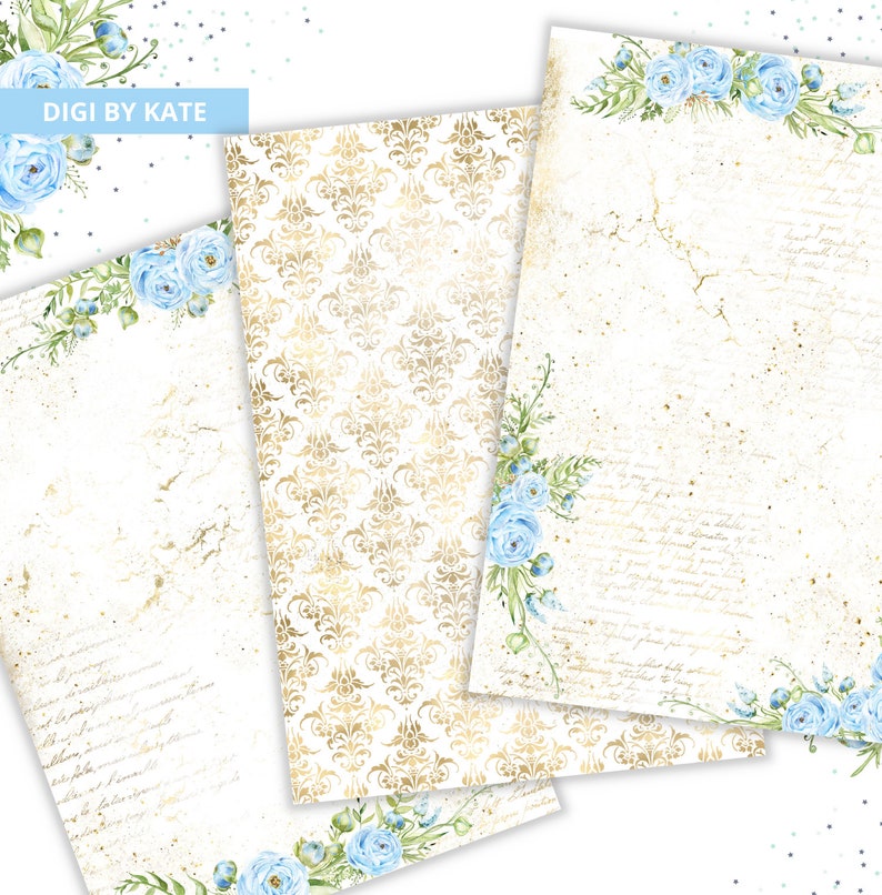 May include: Three digital paper designs featuring a white background with a gold damask pattern, a white background with a gold distressed texture and blue floral accents, and a white background with blue floral accents and a gold distressed texture. The text "DIGI BY KATE" is visible in the top left corner.