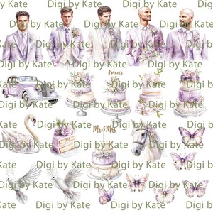 K&ouml;nnte beinhalten: Aquarellillustrationen mit Hochzeitselementen. Das Bild zeigt Br&auml;utigame in Anz&uuml;gen, Hochzeitstorten, ein Oldtimer, einen Schwan, Schmetterlinge, Tauben und ein Pferd. Die Farbpalette umfasst Lila-, Wei&szlig;- und Cremet&ouml;ne.