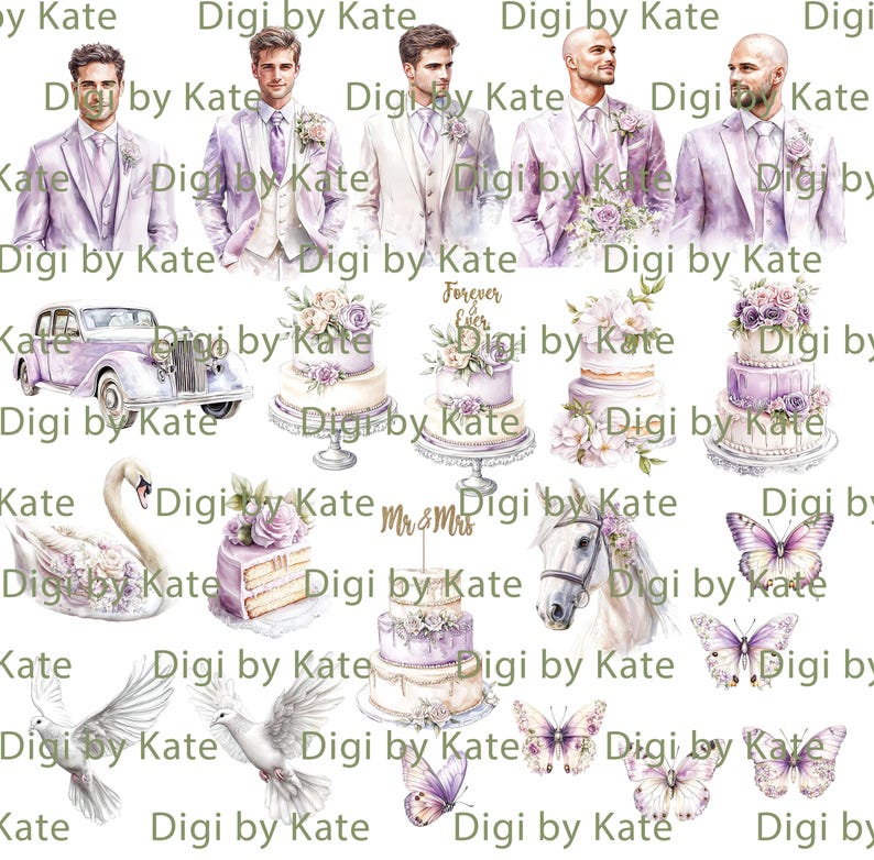 K&ouml;nnte beinhalten: Aquarellillustrationen mit Hochzeitselementen. Das Bild zeigt Br&auml;utigame in Anz&uuml;gen, Hochzeitstorten, ein Oldtimer, einen Schwan, Schmetterlinge, Tauben und ein Pferd. Die Farbpalette umfasst Lila-, Wei&szlig;- und Cremet&ouml;ne.