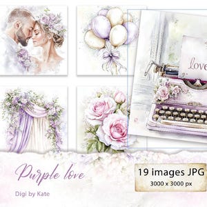 Set of 19 Pastel Purple JPG Wedding Cards for Scrapbooking and Junk Journal