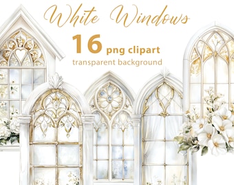 Stained Glass Decorative Windows 16 PNG Clipart - Church Wedding White and Gold Windows on Transparent Background