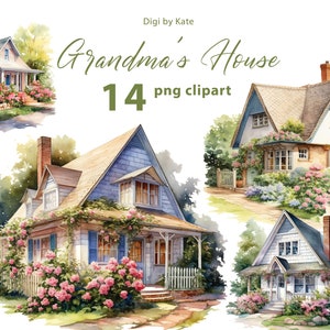 Casa della nonna 14 PNG Clipart Set, accoglienti casette ad acquerello, illustrazioni della casa della nonna PNG, sfondo trasparente